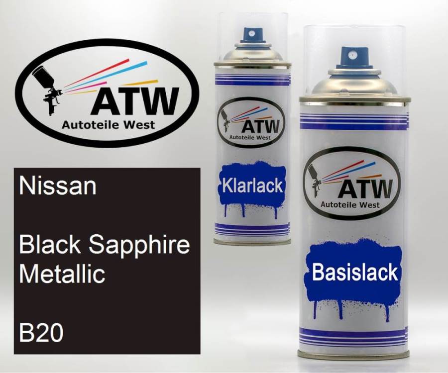 Nissan, Black Sapphire Metallic, B20: 400ml Sprühdose + 400ml Klarlack - Set, von ATW Autoteile West.